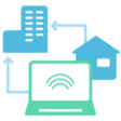 Icon Hybrid Work, Laptop mit Firmengebaeude und Wohngebaeude verdunden durch Datenleitungen