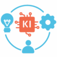 Pictogramm zum Workshop KI-Kompetenz: Icons für Mitarbeiter*in, Erkenntnis (Glühlampe) und Prozess (Zahnrad) rings gruppiert um das KI-Icon (Computerchip)