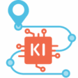 Pictogramm zum Workshop KI Use Case Roadmap: Wegstrecke mit Ziel- und Wegmarken in Kombination mit dem KI-Icon (Computerchip)