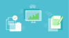 Illustration ERP-System Funktionsweise, blauer Hintergrund, Monitor, Papier und Stifte visuell im Prozess verbunden– ERP-Loesung für den Mittelstand