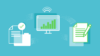 Illustration ERP-System Funktionsweise, blauer Hintergrund, Monitor, Papier und Stifte visuell im Prozess verbunden– ERP-Loesung für den Mittelstand