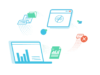 Illustration ERP-Loesung, Verschiedene Systeme im Unternehmenseinsatz, fliegende Dateien, schwirrende Berichte – ERP-Loesung fuer den Mittelstand