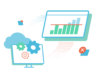 Illustration ERP-Loesung, ERP Software System auf Monitor dargestellt, dahinter eine Cloud, Unternehmenszahlen in Balken auf Monitor dargestellt – ERP-Lösung für den Mittelstand