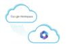 Illustration Google Workspace zu Microsoft 365 Migration, Darstellung Google Workspace Wolke und Microsoft-365 Wolke im Kreislauf verbunden