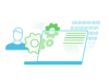 Illustration zu Change-Management in IT-Projekten mit einer Person, zwei Pfeile die sich um drei Zahnräder drehen