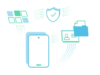 Illustration UEM Unified Endpoint Management, Kreislauf Darstellung: Smartphone Darstellung, Apps Darstellung, Sicherheitswappen mit Haken, Identitaeten, Ordner und Dateien