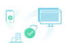 Illustration UEM Enterprise Mobile Management, Kreislauf Darstellung: Buerogebaude, Mobilgeraet mit Identiaetspruefung, Desktop, mittig ein Sicherheitswappen mit Haken