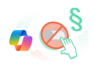 Illustration Verbot Copilot Einsatz, Einschaltknopf hinter Verboten-Schild im Kreislauf mir Richtlinien/Paragraphen-Symbol und Copilot-Symbol