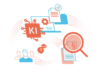 KI-ReadinessCheck Illustration: KI-Symbol im Kreislauf verbunden mit Prozesse, Daten und Dokumenten, Teamschulungen, Lupe über Compliance und Governance