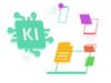 Illustration KI-Werkstatt für Microsoft 365, KI-Symbol im Kreislauf mit Dokumenten, Ordnern, Laptop, Tablet, Smartphone