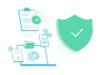 Illustration Workplace M365 Security, Im Zentrum Daten und flexibles Arbeiten, Kreislauf aus Laptop und mobilen Endgeraete mit Identitaetspruefung, Einhaltung von Compliance Richtlinien, elle Elemente geschuetzt durch Zero Trust Prinzip dargestellt als Schild mit Haken