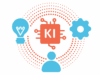 Illustration zum Workshop KI-Kompetenz: Icons für Mitarbeiter*in, Erkenntnis (Glühlampe) und Prozess (Zahnrad) rings gruppiert umd das KI-Icon (Computerchip)