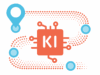 Illustration zum Workshop KI Use Case Roadmap: Wegstrecke mit Ziel- und Wegmarken in Kombination mit dem KI-Icon (Computerchip)