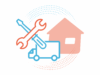 Mobil im Außendienst: Illustration, die Haus, Werkzeuge und Lieferwagen als Symbole für den Außendienst kombiniert