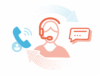 CRM im Kundenservice: Illustration/Grafik: Mitarbeiterin mit Headset im Dialog - zwischen Telefonhörer (Kunde) und Sprechblase (Auskunft)