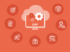 Warum ERP-Projekte scheitern - Blog-Beitrag | Illustration der 7 Fehlerquellen mit kleinen Icons rund um einen Monitor auf dem das Icon für ERP zu sehen ist.