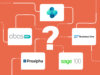 ERP-Software im Vergleich: Die Logos von BC, SAP B1, Sage 100, Proalpha und abas ERP angeordnet rund um ein Fragezeichen